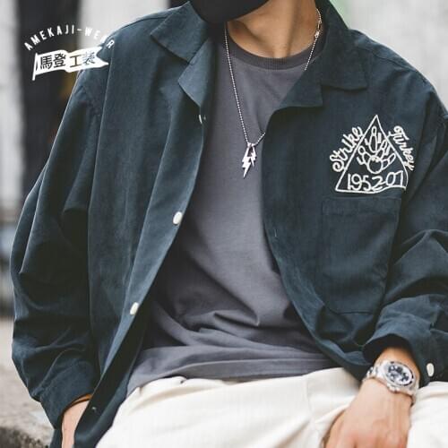 Maden Harajuku Embroidery Shirts For Men Japanese Streetwear Retro Bowling Logo Casual Coat Shirt Solid Soft Breasted Cloth