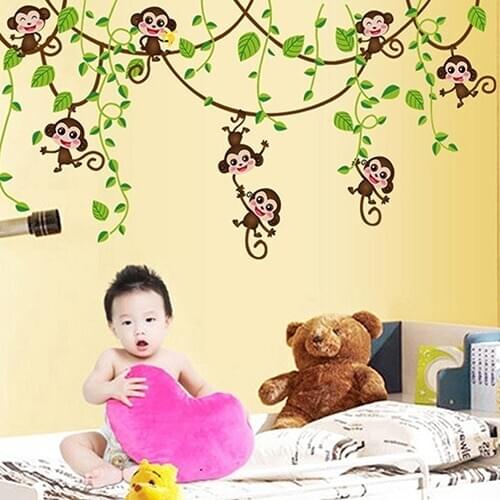 Home Kid Room Decoration Cartoon Cute Monkeys Climbing Jungle Tree Wall Sticker