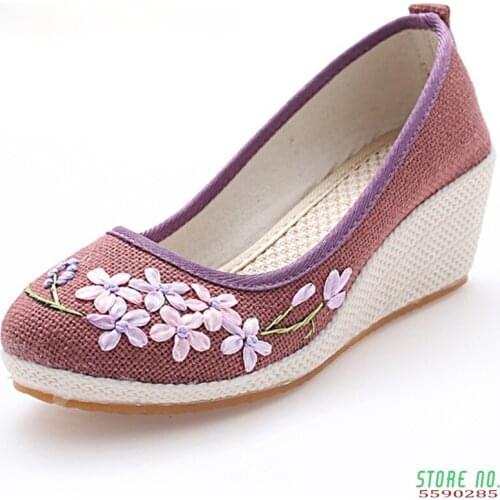 Vintage Women Pumps Linen Shoes Retro Floral Embroidery Cloth Canvas Wedges Shoes Woman Platforms Zapatos Mujer E351