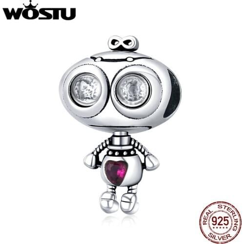 WOSTU Robot Love Charms 925 Sterling Silver CZ Beads Fit Women Pendant Charm Silver 925 Original DIY Jewelry Making