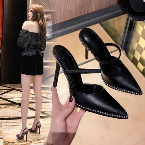 Womens shoes 2021 rhinestone black word with toe head fashion sandals female stiletto pointed toe strap high-heeled sandals