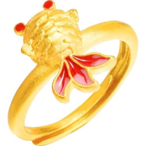 Lasting shine Real 24K gold open ring for women goldfish niche Dubai light luxury texture retro wedding rings female jewelry
