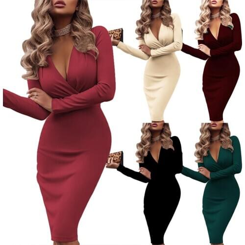 New Evening Party Women Solid Color V Neck Long Sleeve Knee Length Bodycon Dress