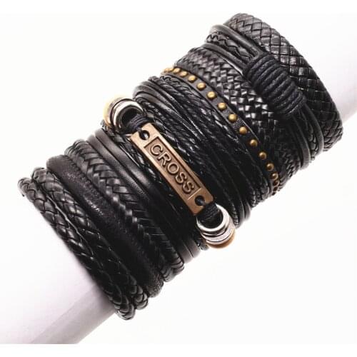 10pcs/set Wholesale Men Women Leather Bracelets Bronze Rivets Cross Charm Brown Black Wrap Bracelet & Bangles Homme Jewelry