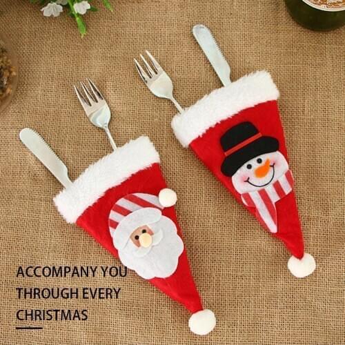 6pcs Mini Santa Hat Cutlery Cover Christmas Forks Storage Bag Silverware Holder Xmas Table Decoration