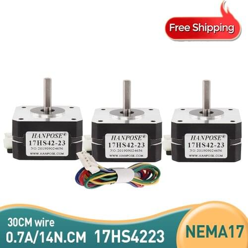 Free shipping 3pcs Nema17 Stepper Motor 4-lead 42 motor for mini cnc 3D printer 17HS4223 0.7A 14N.CM 23MM 42 motor 12v