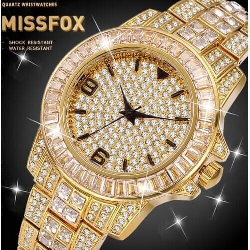 MISSFOX 18k Gold Watch Men Brilliance 3 Arabic Baguette Diamond Bezel Iced Out Watch Men Dropshipping Golden Relog Clock