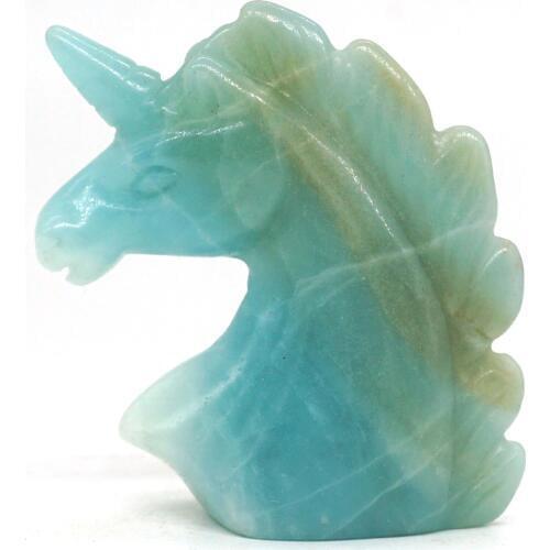 Unicorn Head Skull Figurine NaturalAmazonite Healing Energy Animal Carved Crystal Statue Gemstone Home decor 2"
