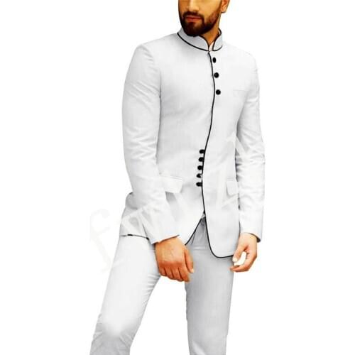 Handsome Groomsmen Mandarin Lapel Groom Tuxedos Wedding Dress Men Suits Blazer Prom Dinner (Jacket+Pants+Tie) K605