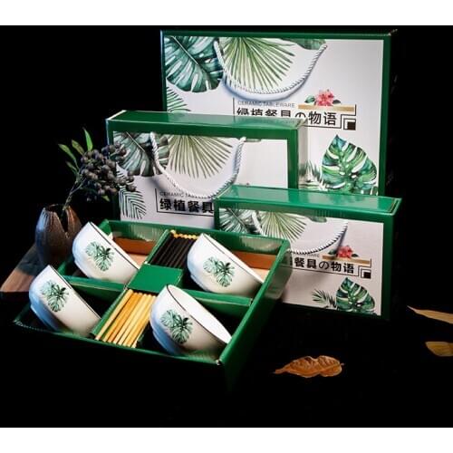 Creative Gift Ceramic Tableware Blue and White Porcelain Bowl Modern Green Plant Series Simple European Black Line Tableware Set