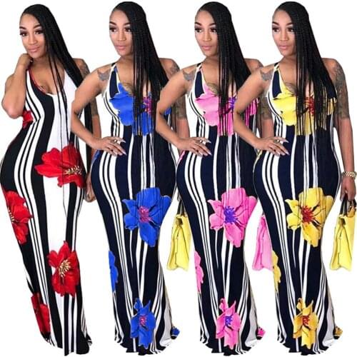 Summer Womens Floral Print Sleeveless Slim Dress Collect Waist Sexy V Neck Plus Size Maxi Dresses 3xl Wholesale Dropshipping