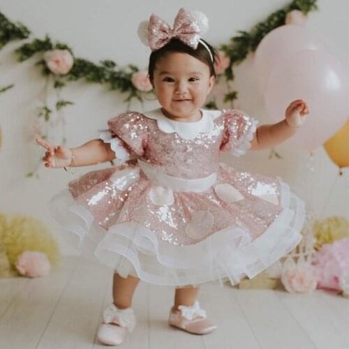 New Cute Pink Princess Dress Sequins Puffy Organza First Birthday Girl Dress Kids Prom Clothes Birthday Gowns 9M-14Y