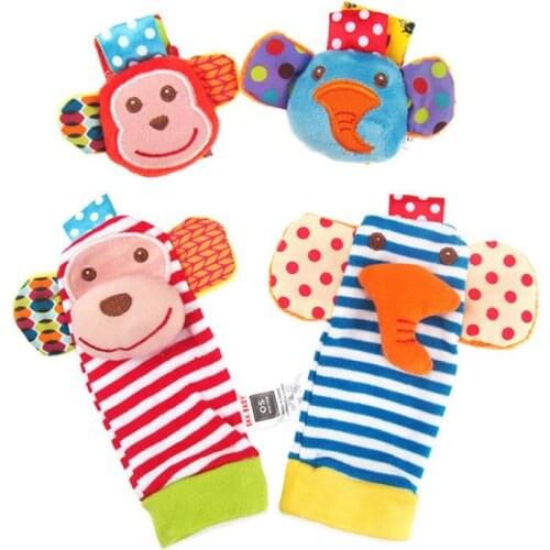New Animal Baby Wrist Rattles And Socks Developmental Soft Toys Monkey And Elephant Two Outfits