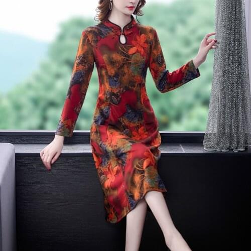 2021 Autumn Vintage Floral Cheongsam Dress Women Bodycon Party Maxi Vestido Winter Casual 5XL Plus Size Long Sleeve Midi Dresses