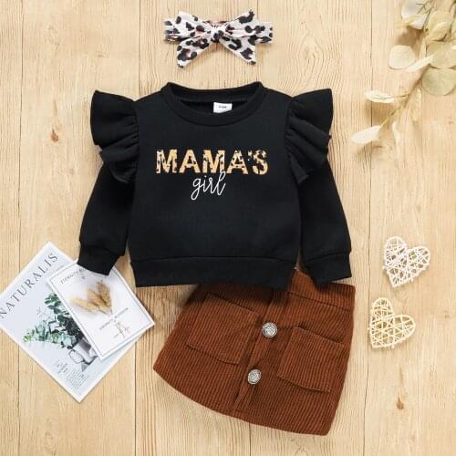 Autumn Spring Baby Girls Clothes Sets Leopard Letter Long Sleeve Pullover Sweatshirt Tops Pocket Skirts Children Kids Outfit