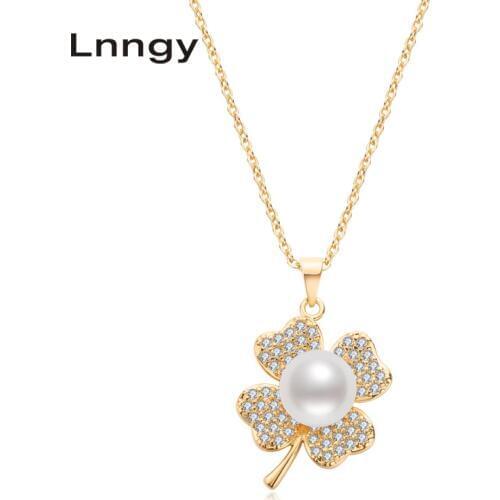 Lnngy 14K Gold Filled Necklace 8.5-9mm Natural Freshwater Pearl Four-Leaf Clover Design Pendant Necklace Women Pearl Jewelry
