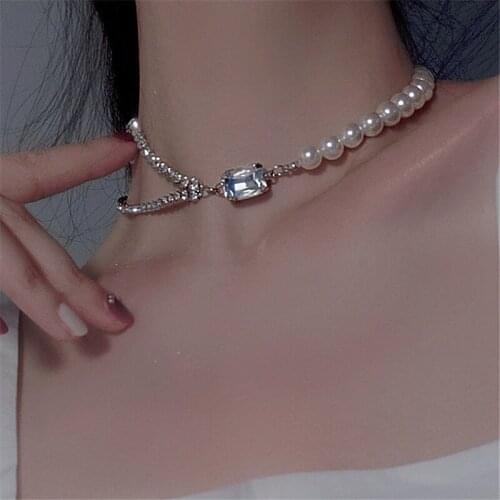 Luxury Pearl Stitching Necklace Female Clavicle Chain Net Red Double Rhinestone Crystal Necklace