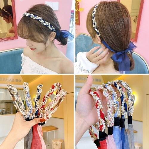 Vintage Pearl Ribbon Hairband For Woman Girls Pearl Bezel Headband Ladies Hair Accessories Fashion Hairhoop Styling Headwear