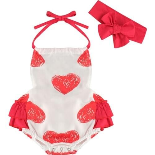 0-24M Newborn Baby Girl Valentines Day Heart Printed Romper Sleeveless Backless Infant Baby Summer Halter Jumpsuit Bow Headband