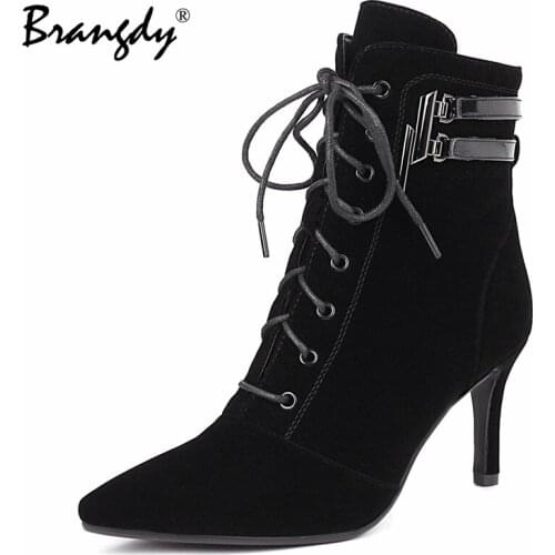 Brangdy 10cm High Thin Heel Ankle Boots Women Flock Sexy Ladies Pointed Toe Shoes 2021 New Autumn Lace Up Black Fashion shoes
