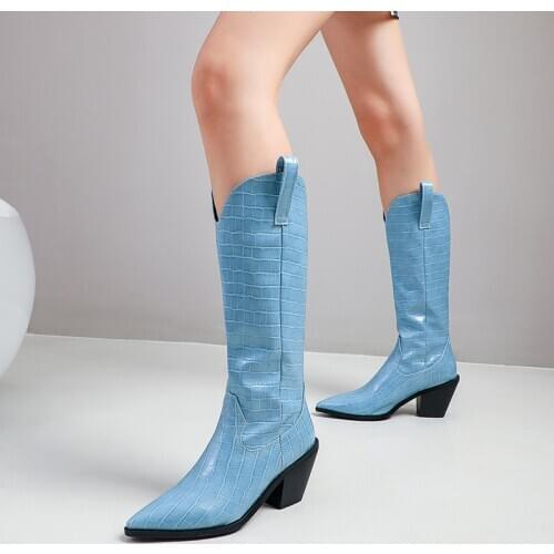 Women knee high boots sexy pointed toe western cowboy boots 2020 Winter Brand PU leather women mid-calf chunky wedge boots 32 33