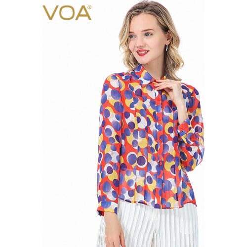 VOA Red Bottom Blue White Yellow Polka Dot Six-opening Lapel Long-sleeved Back Pleated Georgette Autumn Silk Women Shirts BE137