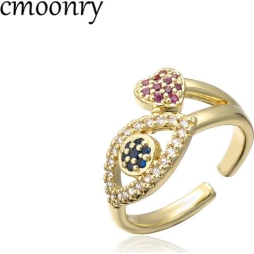 Cmoonry Lucky Evil Eye Ring Femme Bijoux Fashion Gold Color CZ Heart Open Ring Adjustable Size Female Wedding Ring Gift