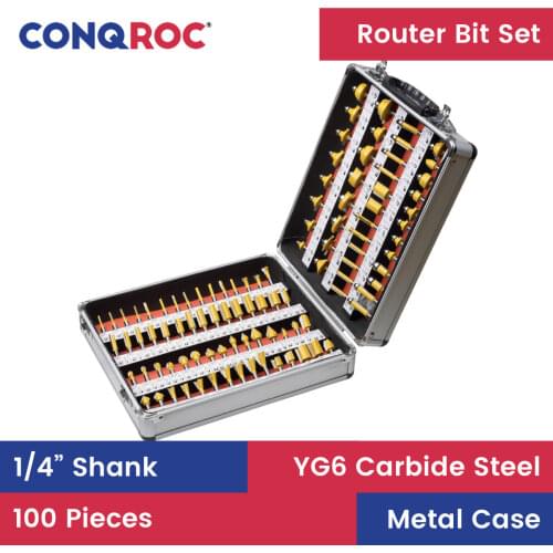 100 Pieces 1/4 Inch 6.35mm Shank Professional Engraving Woodworking Milling Cutters Tungsten Carbide Router Bits Set Metal Case