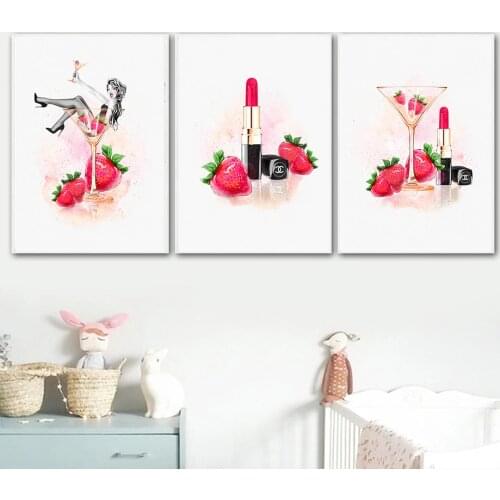 Watercolor Girl Wine cup strawberry lipstick Canvas Painting Dressing Room Decor Wall Art Pictures Home Decor Posters