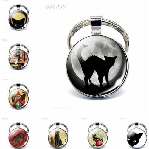 Full Moon Black Cat Keychain Glass Cabochon Jewelry Gothic Cat Lover Keyring with Broom Witch Vintage Kitten Key Chain Gifts