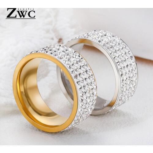 ZWC Fashion Luxury Trendy Rhinestone Rings for Women Men 8mm 5 Row Lines Clear Crystal Wedding Stainless Steel Ring Jewelry