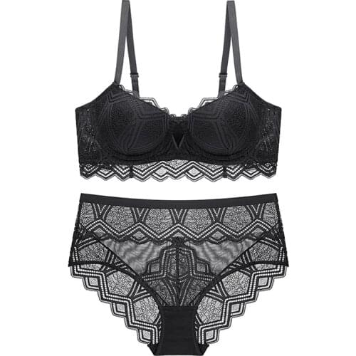 Sexy Frilly Lace Bra Set With Push Up Wavy Stripes Broadside Medium Padded Lacy Underwear Set Lingerie Women Bra & Brief Sets