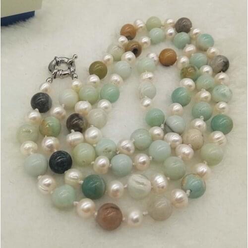 LJHMY String White Freshwater Pearl Natural Amazonite Necklace Long 30 inches