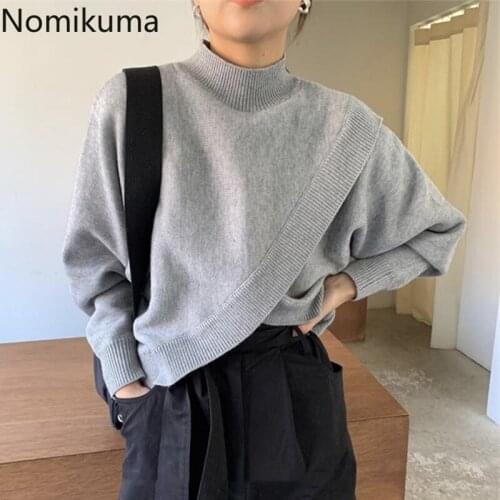 Nomikuma Irregular Knitted Sweater Women Solid Color Long Sleeve Half Turtleneck Pullover Jumpers Korean Style Pull Femme 3d948