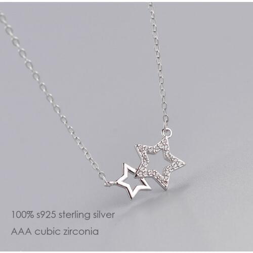 100% real 925 Sterling Silver Crystal double stars pendant necklace Rhodium plated cz silver choker jewelry necklaces for girls