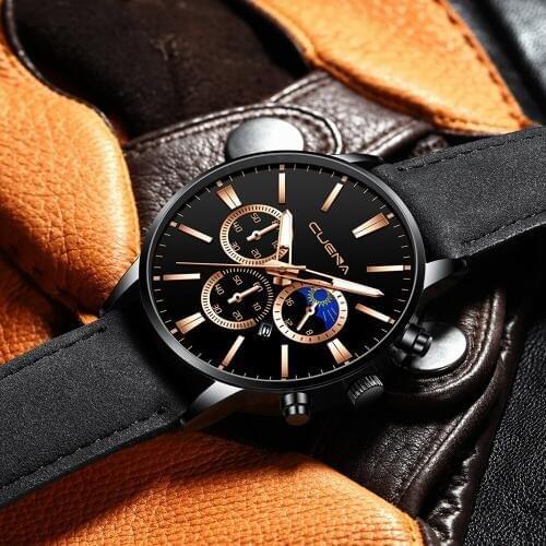 Relogio masculino watches men Luxury Fashion CUENA Leather Band Blue Ray Glass Quartz WristWatches Business reloj hombre montre
