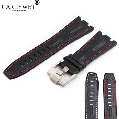 CARLYWET 28mm Black Real Leather Thick Wrist Watch Band Strap With Silver Buckle For Audemars Piguet 42mm Royal Oak Offshore