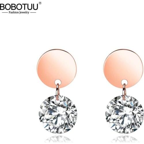 BOBOTUU Titanium Steel Rose Gold Stud Earrings For Women Geometric Circular Cubic Zirconia Earrings Jewelry Brincos BE19154