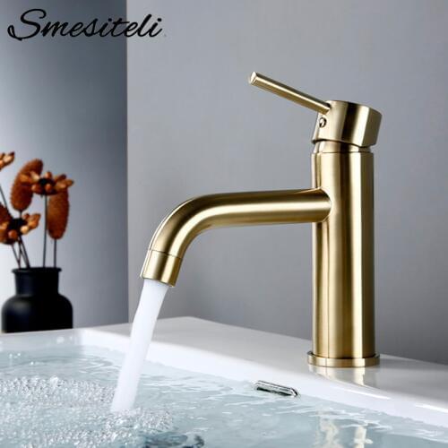 Smesiteli Basin Faucets Brush Gold Bathroom Faucet Round Single Handle Basin Mixer Tap Bathroom Hot and Cold Small Sink Faucet