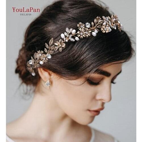 TOPQUEEN HP355 Alloy Leaf Bridal Headbands for Wedding Gold Hair Vine Jeweled Headpieces Wedding Hair Ribbon Dainty Headwear