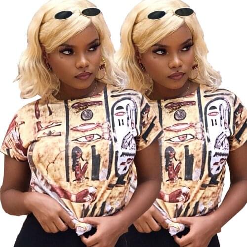 Retro Printing Pattern Fashion Round Neck Short Sleeve Top Womens Top Temperament Versatile Design Can Be Sweet or Spicy Top