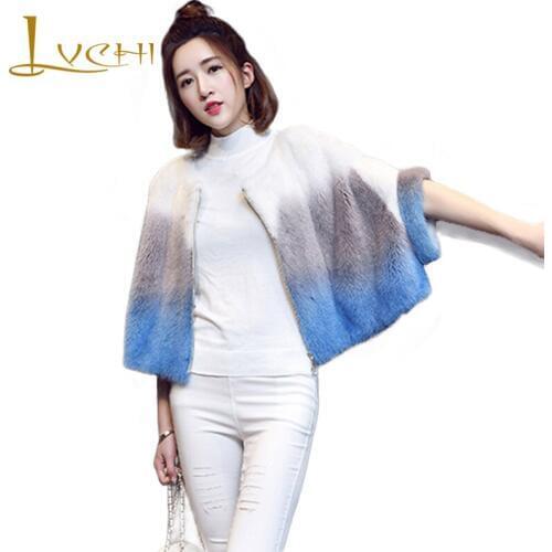 LVCHI 2019 New style Women Elegant Short Coats Stylish Gradual Blue Real fur mink coat Natural mink Womens clothing Bat series
