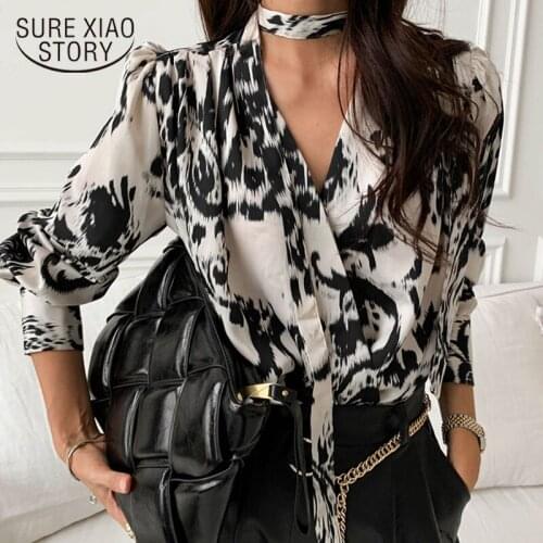 Spring V-Neck Leopard Printing Blouse Women Korean Office Lady Long Sleeve Clothing Single Breasted Ladies Shirts Blusas 13667