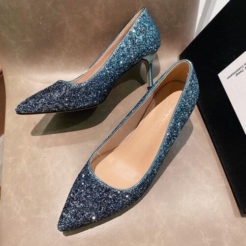 Fericzot Women Pumps Sexy High Heels Sequins Gradient Color Stiletto Ladies Shoes Pointed Toe Slip On Wedding Evering Party