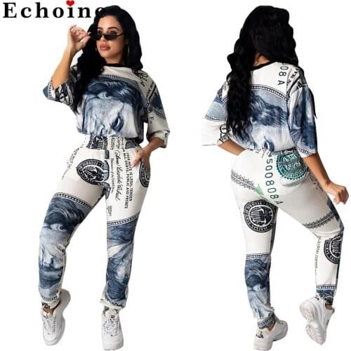 Womens Summer Dollar Printed Two-Piece Set Loose Crop Tops Long pencil Pants Casual Lounge Wear O-Neck T-shirt Suits Tracaksuit