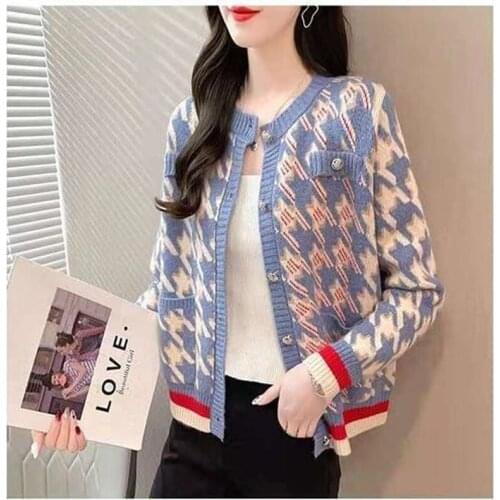 2021 autumn and winter fashion new cardigan womens long-sleeved round neck knit top all-match button houndstooth sweater