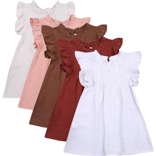 5 Colors Toddler Girls Solid Color Princess Cotton Linen Dresses Sweet Ruffle Crew Neck Sundress Summer Casual Clothes for 2-7Y