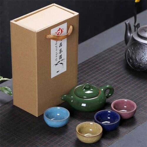 5pcs Ceramic Portable Travel Tea Set Including 1 Pot + 4 Cups Porcelain Kung Fu Gaiwan Ice Cracked Glaze Teacup Teapot Gift Box