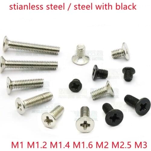 50pcs M1 M1.2 M1.4 M1.6 M2 M2.5 M3 M4 Mini Micro Small Black 304 Stainless steel Cross Phillips Flat Countersunk Head Screw Bolt