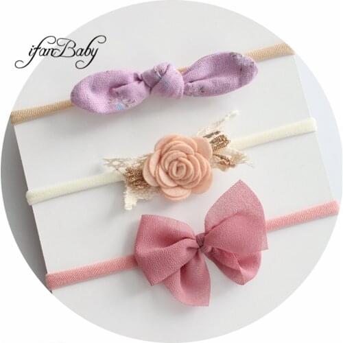 3pcs/set kids girl headband chiffon bow/shabby fabric flower on nylon headband Rabbit ears hair accessories flower headband